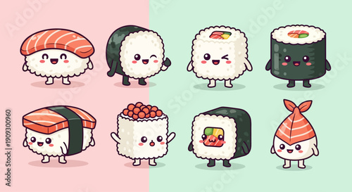 A delightful collection of eight adorable, cartoon-style sushi characters with happy faces and tiny limbs, set against a split pink and green background.
