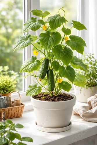 A cucumber plant stands in a white pot by a window. The plant has green leaves and cucumbers hanging from it. Bright sunlight comes through the glass, making the scene lively