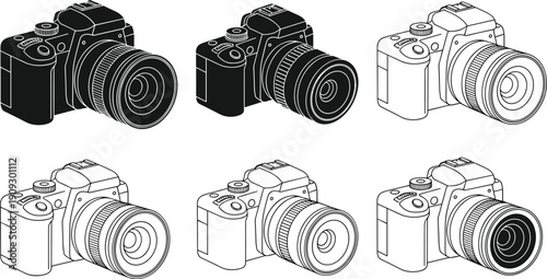 DSLR camera outline and silhouette collection, professional digital photography equipment vector illustration set isolated on white background with multiple styles