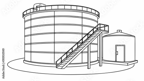 Industrial storage tanks with staircase and walkway.