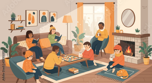 A cozy winter scene with a diverse group of people enjoying various indoor activities like reading and playing board games in a warm living room.