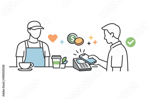 Contactless payment at cafe with male barista and male customer using smartphone