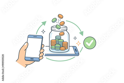 Mobile donation illustration with smartphone and coin jar