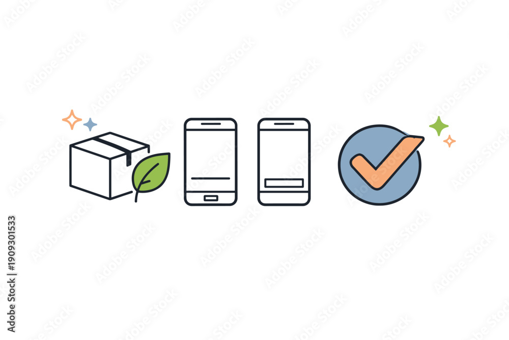 Obraz premium Eco-friendly packaging, smartphone interface, and approval icon concepts