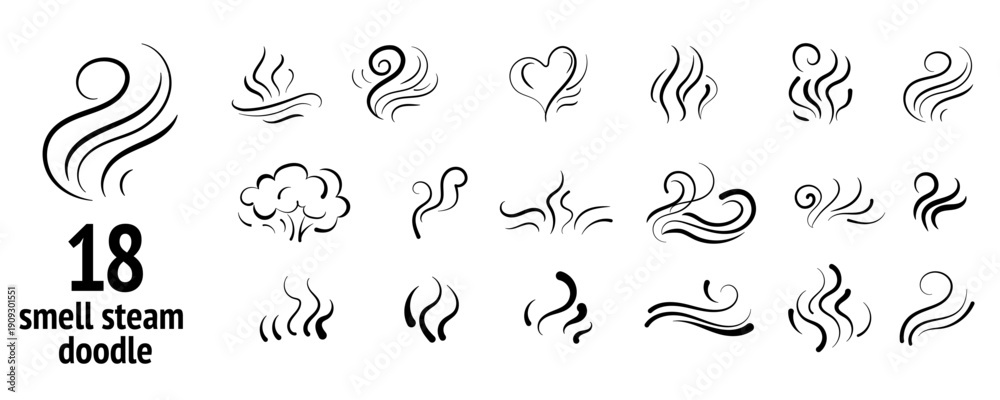 Naklejka premium Smell steam doodle collection with 18 aroma swirls