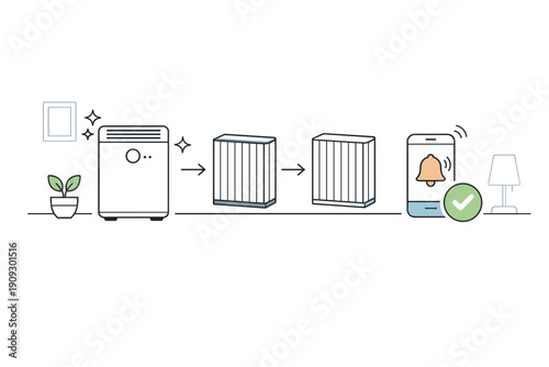 Smart air purifier system illustration with mobile notification and energy efficient air filter