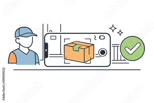 Package tracking concept with courier and smartphone app interface illustration
