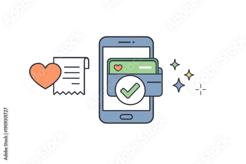 Mobile payment with heart icon and receipt illustrating cashless transactions