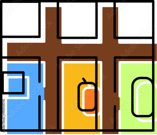 Architectural diagram presenting a detailed floor plan, outlining the interior layout of a house with different rooms and furniture for residential design concepts