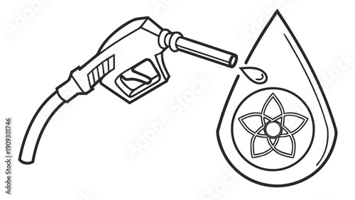 Fuel nozzle refueling a drop with an atom symbol inside.