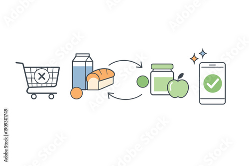 Online grocery shopping and food delivery concept with cart, groceries, and smartphone