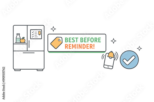 Smart fridge expiry reminder concept with mobile alert and icon