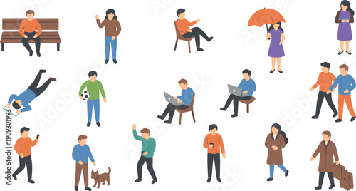Set of diverse people in daily life activities including walking sitting with laptop and outdoor lifestyle vector illustration