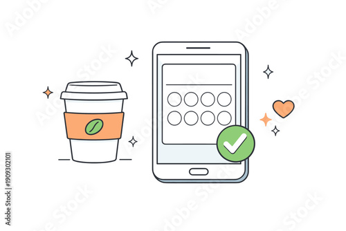 Coffee loyalty app with smartphone checkmark icon and coffee cup illustration