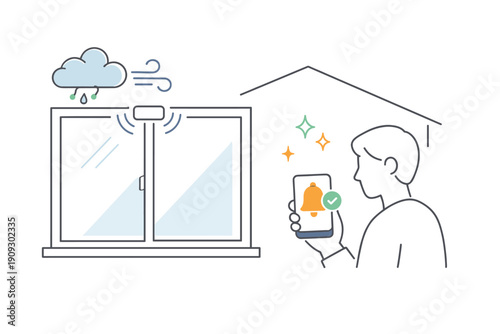 Smart home alert system for rain and window sensors demonstrated by young caucasian male