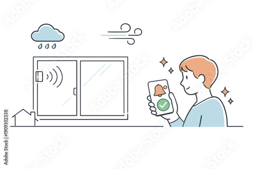 Young caucasian male using smartphone app to control smart window with weather alerts