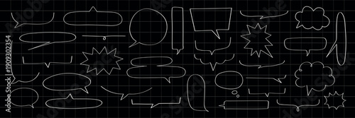 Collection of white speech bubbles on a black grid background. Various shapes of speech bubbles, including round, square, and starburst designs. Message illustration vector.