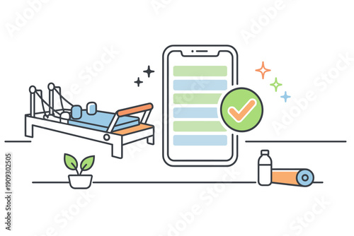 Pilates reformer and fitness app with yoga mat and water bottle