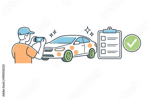 Car inspection process: male checking vehicle condition using smartphone checklist
