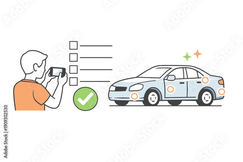 Asian male adult inspecting vehicle with phone for damage detection