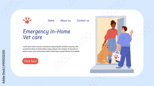 Veterinary house call web banner or landing page. Pet owner and vet doctor during home visit with injured dog. In-home veterinary care and medical assistance. Flat vector illustration with copy space