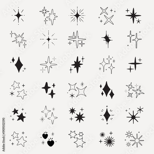A collection of 25 black star and sparkle icons. Various star shapes and sparkles. Simple black star icons and decorative sparkles on a white background. Element vector set.