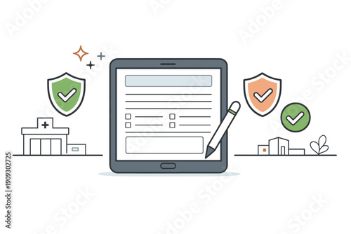 Digital checklist on tablet with shields illustrating secure forms and verified data