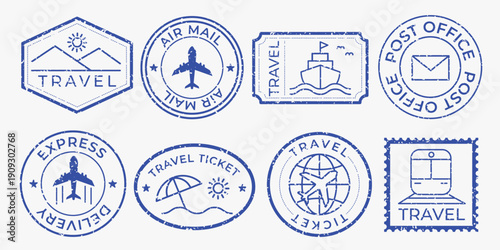 Set of blue travel-themed stamps featuring planes, ships, and trains. Travel stamps for air mail, express delivery, and tickets. Travel icons and symbols. Blue travel stamps, vector set.