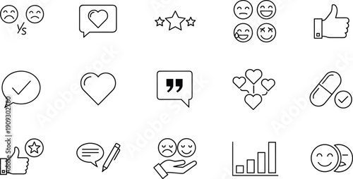 Customer Feedback Outline Icons Set, Including Star Rating, Review, Like, Dislike, Happy Faces, Survey, Testimonial, and Service Quality Vector Stock Illustration