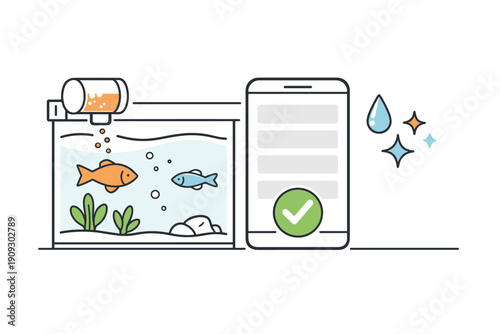 Smart aquarium with fish and app-controlled feeding technology illustration