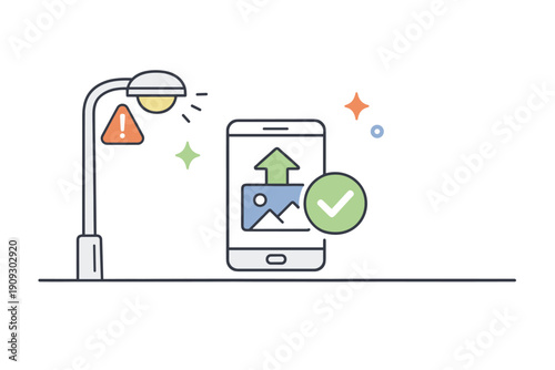 Smartphone image upload notification with streetlamp and icons