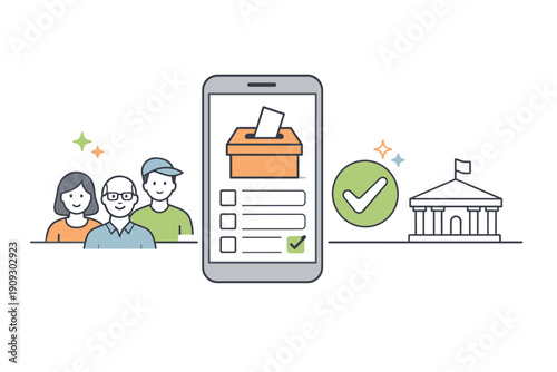 Mobile voting concept with diverse adults and digital ballot box