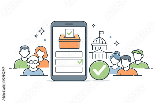 Online voting and civic engagement concept with diverse individuals and digital checklist