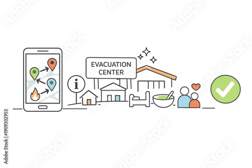 Emergency evacuation center illustration with mobile navigation and relief services