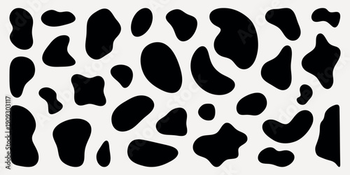 Abstract black and white cow print pattern with irregular spots. Cow print design features bold black spots. Cow print background with unique shapes. Black shape vector set.
