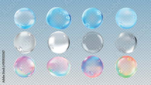 Set of colorful water droplets on a transparent background. Includes blue, clear, and rainbow droplets. Water droplets with reflections and shadows. Soap bubble element vector set.