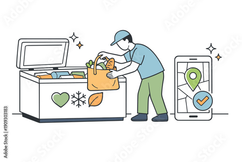 Man using smart freezer for eco-friendly grocery storage with smartphone app