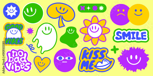 Colorful stickers with smiley faces, good vibes, and positive messages Bright smiley faces and good vibes create a cheerful, positive atmosphere Funky stickers, vector set