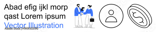 Business communication, teamwork, personal identity, financial planning, customer profile, professional collaboration. Two people shaking hands, profile icon dollar symbol. Business interaction