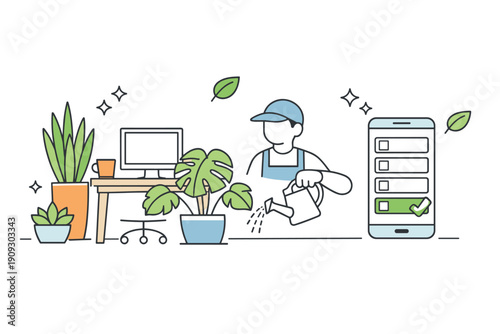 Illustration of plant care by young male with smartphone checklist