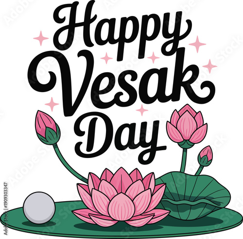 Happy Vesak Day celebration with pink lotus flowers and green leaves on a lily pad