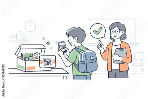 Young male student with smartphone scanning qr code in classroom with female teacher