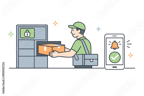 Asian male deliverer storing parcel at locker with app notification alert
