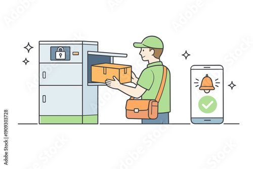 Male courier delivering package to secure locker with mobile notification