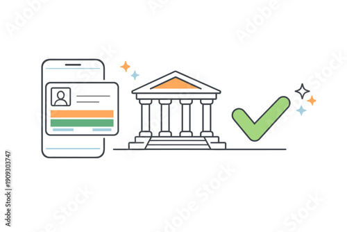 Mobile banking verification with smartphone and iconic bank building illustration