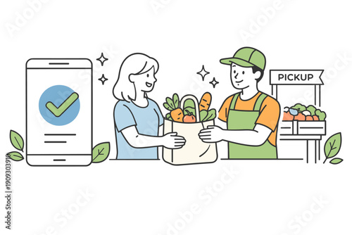 Contactless grocery pickup service with smiling male employee and female customer