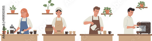 Set of professional baristas brewing coffee using different methods in cafe flat vector illustration