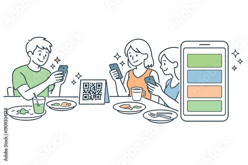 Young adults dining with qr code menu and smartphones illustrating digital ordering