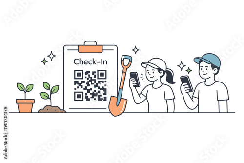Asian teenagers scanning qr code at community garden check-in
