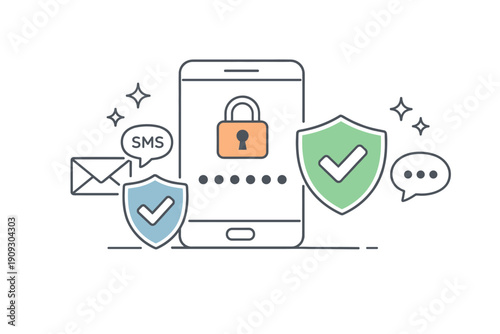 Smartphone security with two-factor authentication shields and symbols